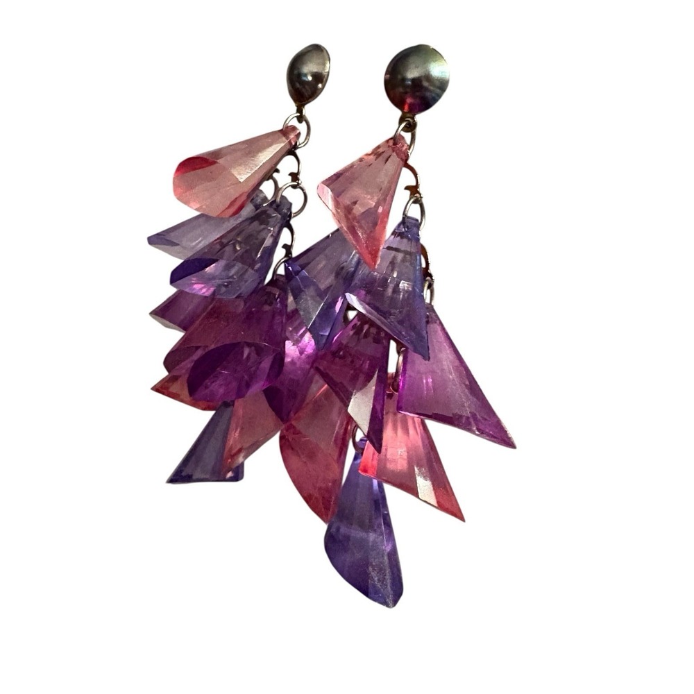 Pink Purple Statement Dangle Earrings Vintage Drop Cha Cha Chunky Translucent - Picture 3 of 15
